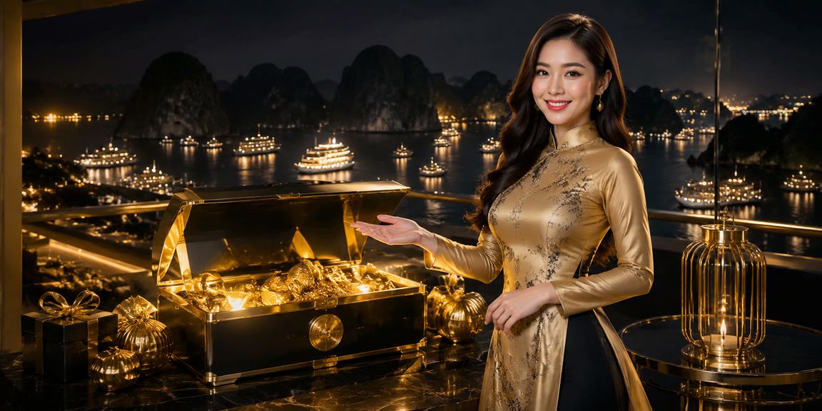 Phong cảnh Vịnh Hạ Long với người dùng mặc áo dài theo dõi kèo thể thao cuối tuần